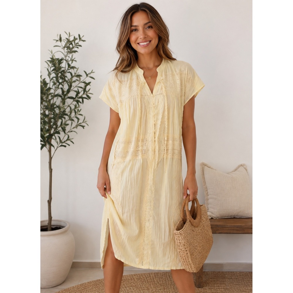 La Maregold Button Front Dress M/L Yellow Lace Pintuck Tie Coastal Grandmother